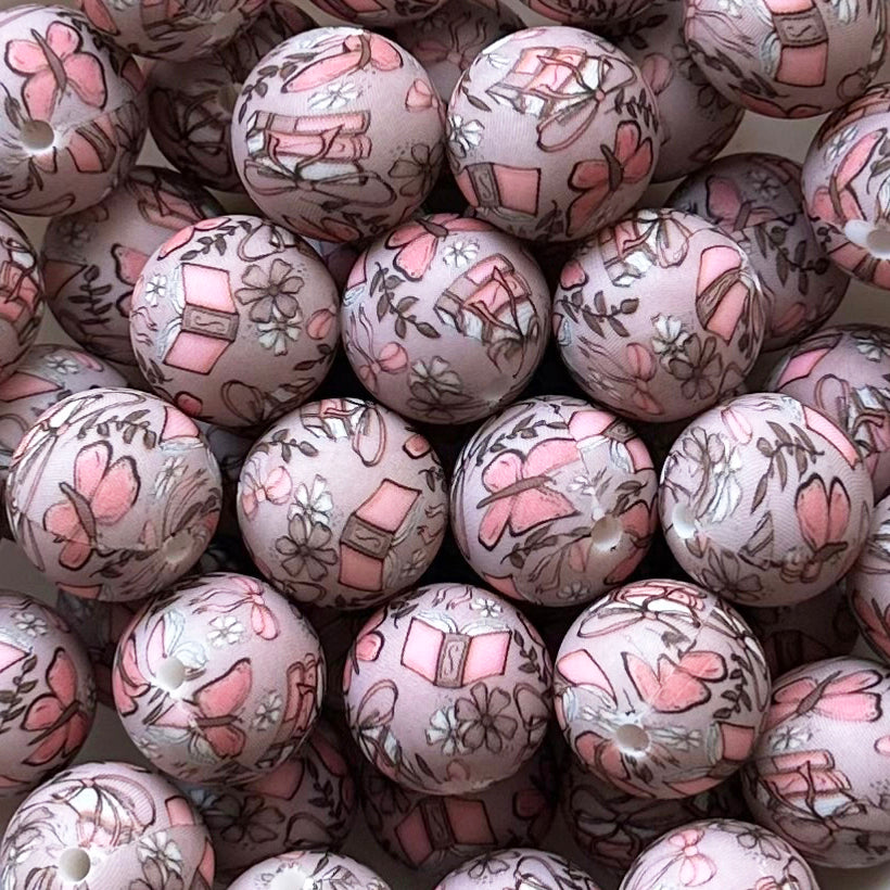 15mm Book Butterfly Print Round Silicone Beads
