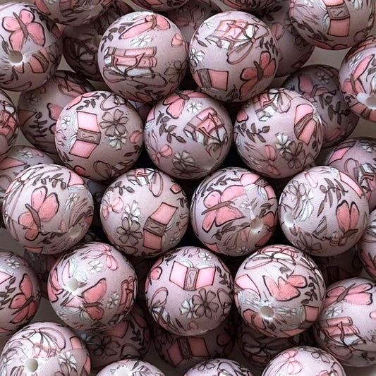 15mm Book Butterfly Print Round Silicone Beads