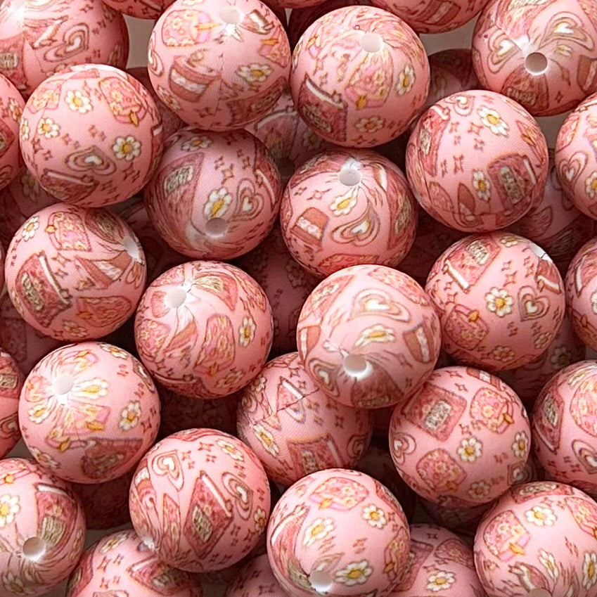 15mm Book Floral Print Round Silicone Beads