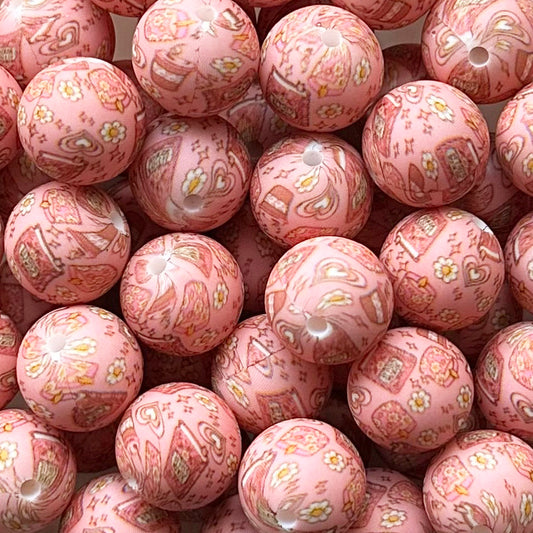 15mm Book Floral Print Round Silicone Beads