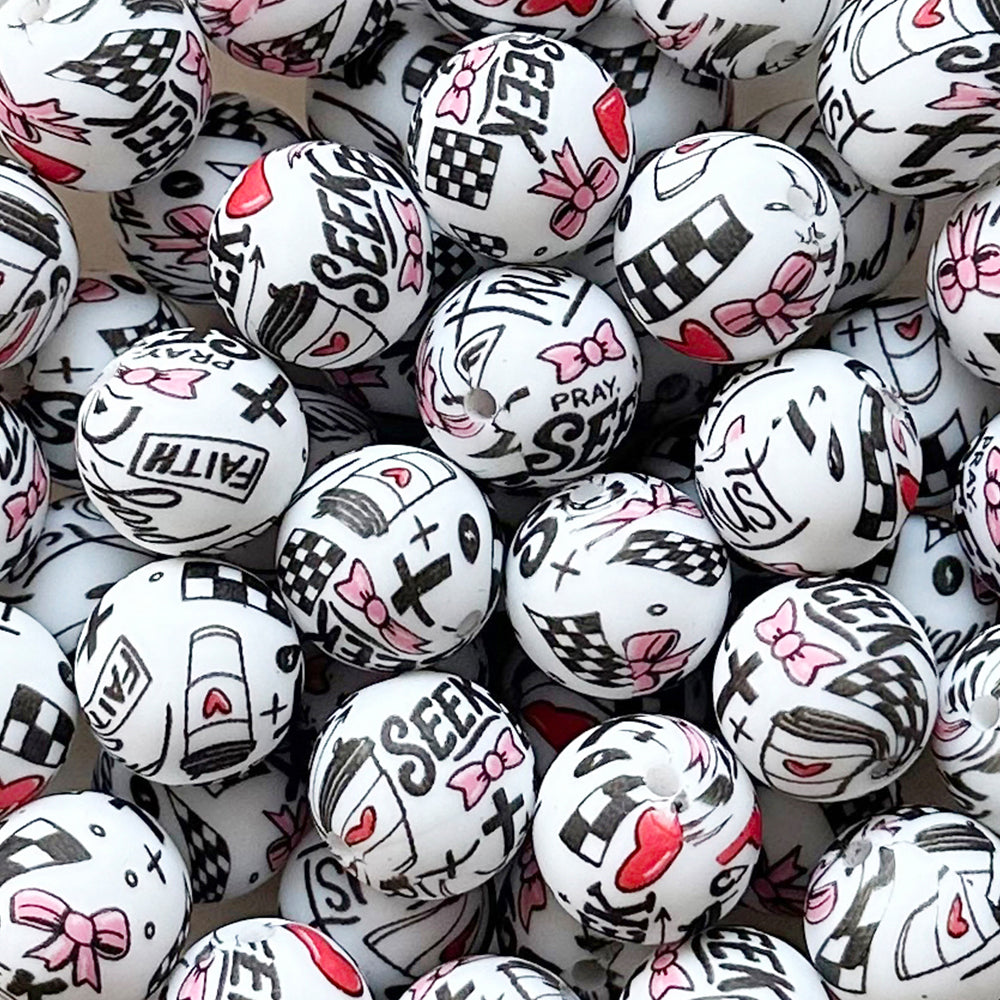 15mm Bow Religion Print Round Silicone Beads