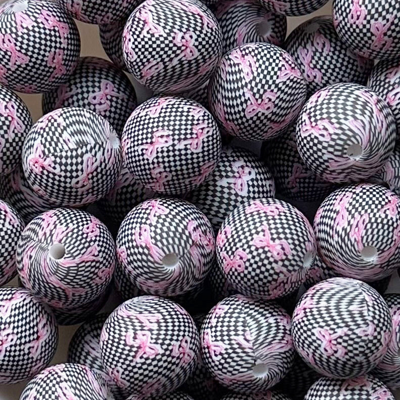 15mm Bowknot Checked Print Round Silicone Beads