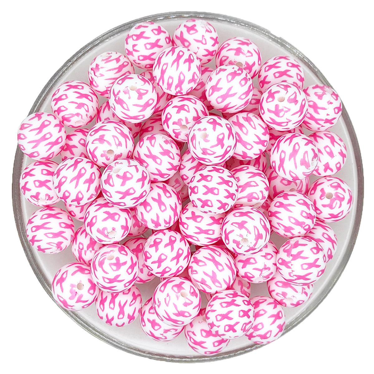 15mm Breast Cancer Awareness Pink Ribbon Print Round Silicone Beads