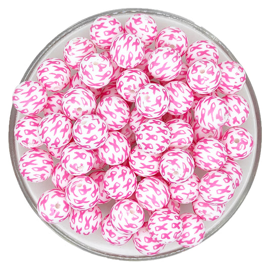 15mm Breast Cancer Awareness Pink Ribbon Print Round Silicone Beads