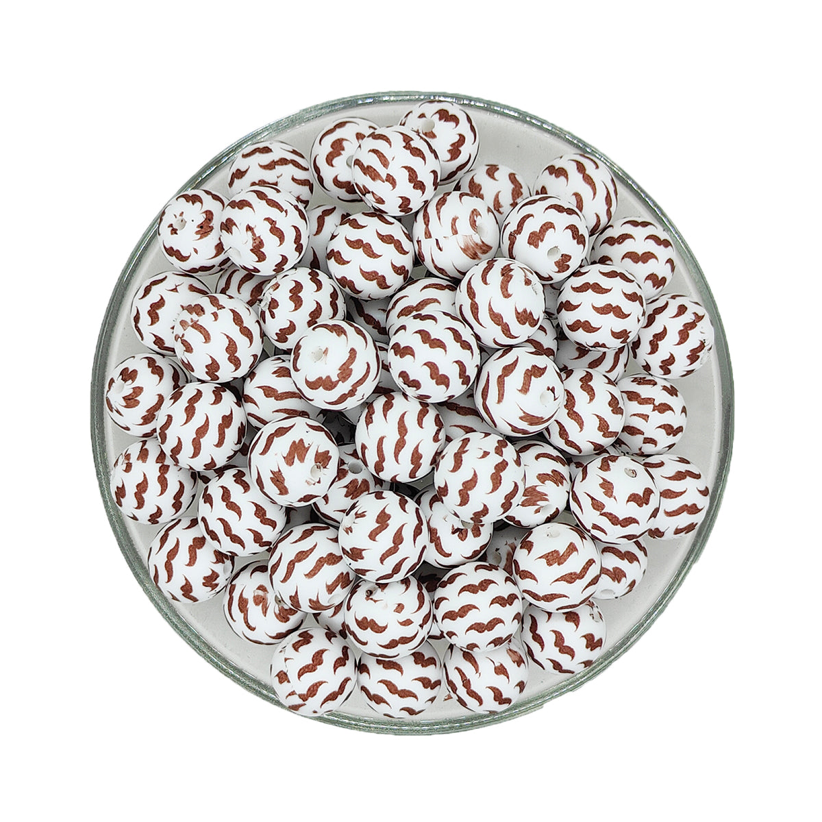 15mm Brown Mustache Print Round Silicone Beads