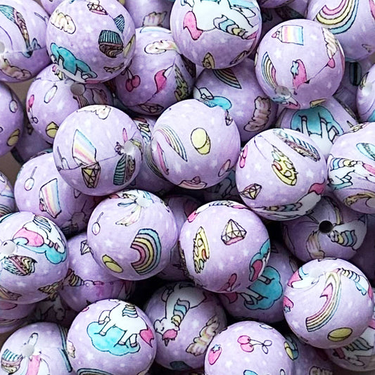 15mm Cartoon Unicorn Print Round Silicone Beads