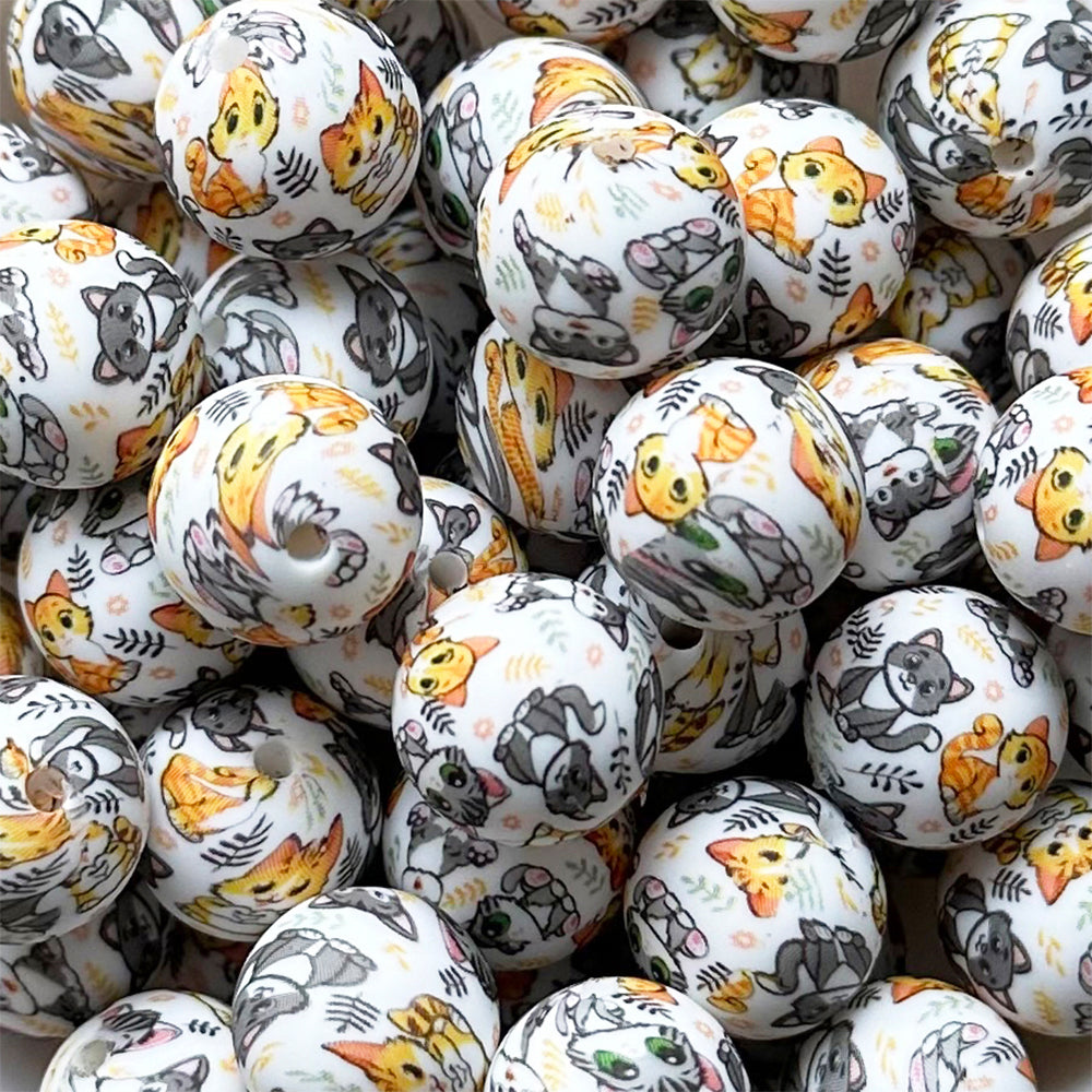 15mm Cat Print Round Silicone Beads
