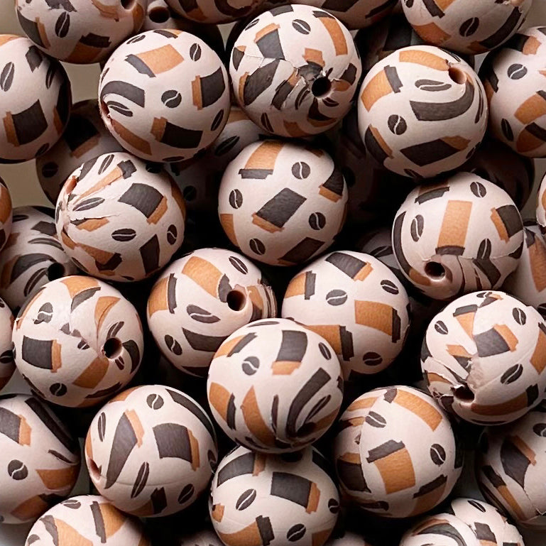 15mm Coffee Latte Print Round Silicone Beads