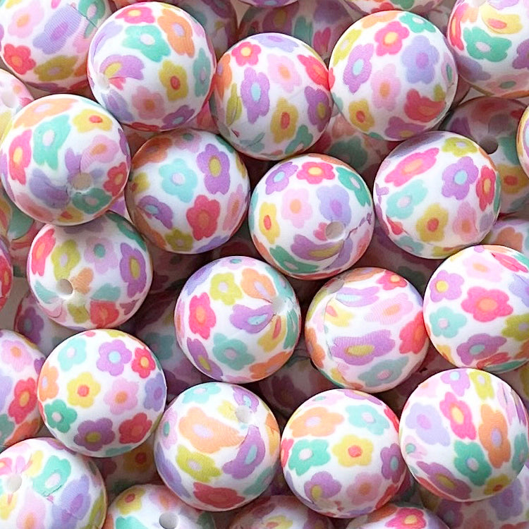 15mm Colored Floral Print Round Silicone Beads