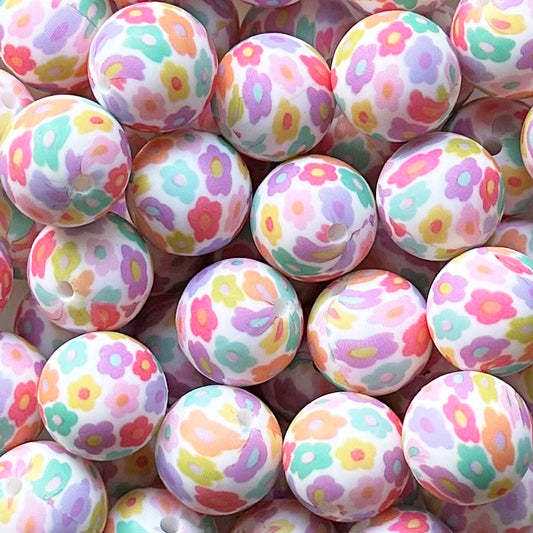 15mm Colored Floral Print Round Silicone Beads