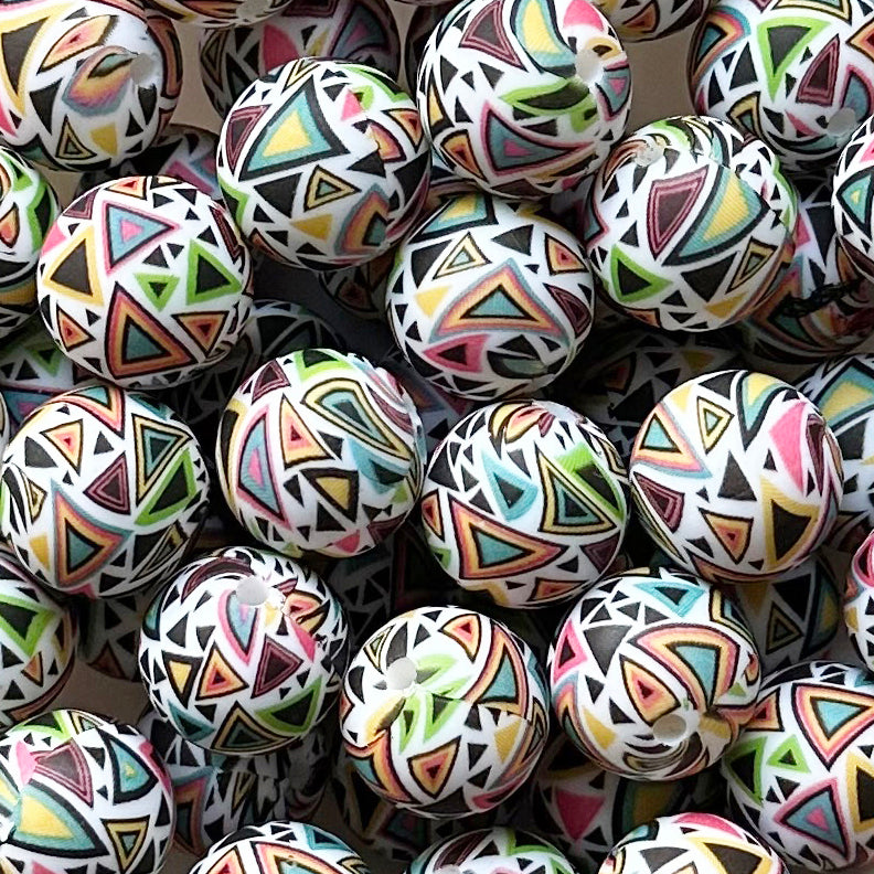 15mm Colored Triangle Print Round Silicone Beads