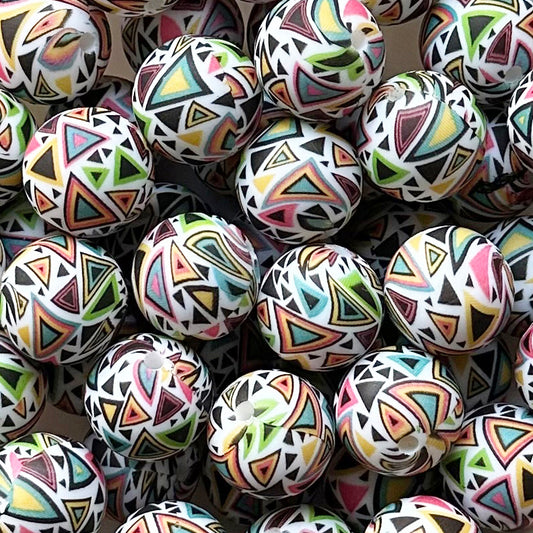 15mm Colored Triangle Print Round Silicone Beads