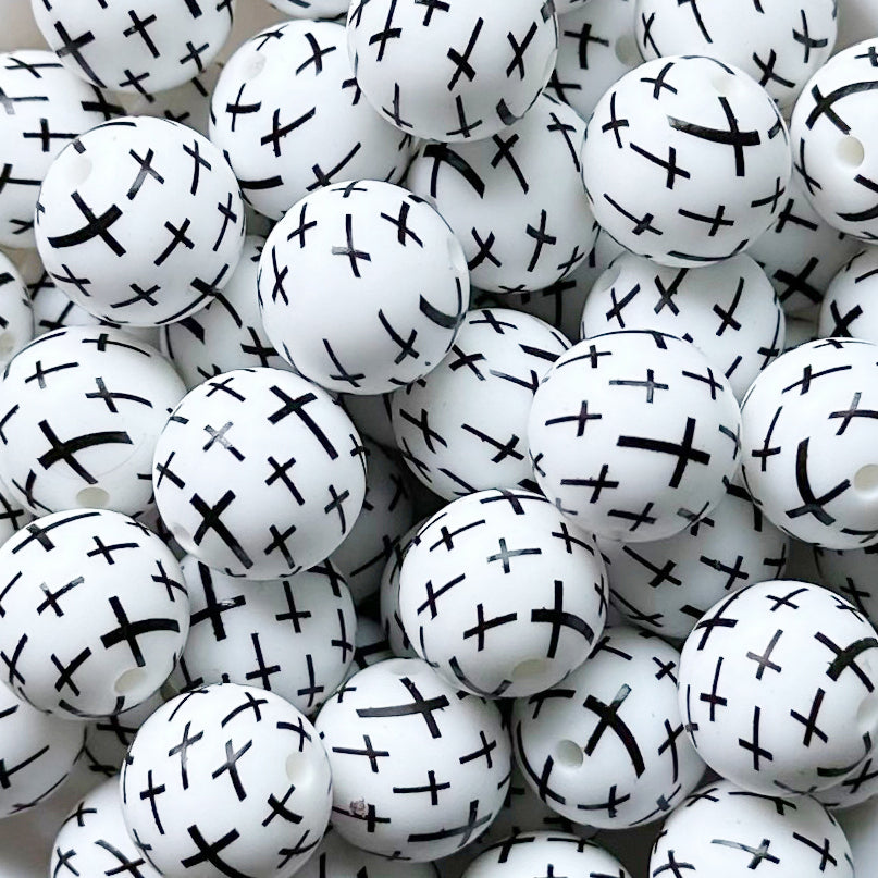 15mm Cross Pray Print Round Silicone Beads