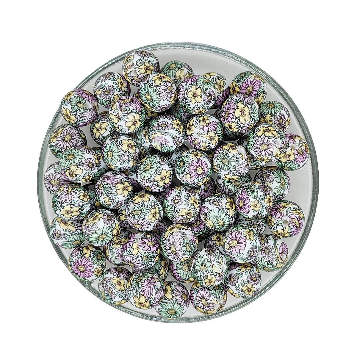 15mm Daisy Floral Print Round Silicone Beads