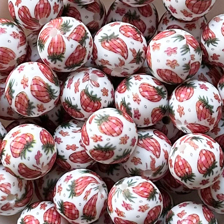 15mm Disco Strawberry Print Round Silicone Beads