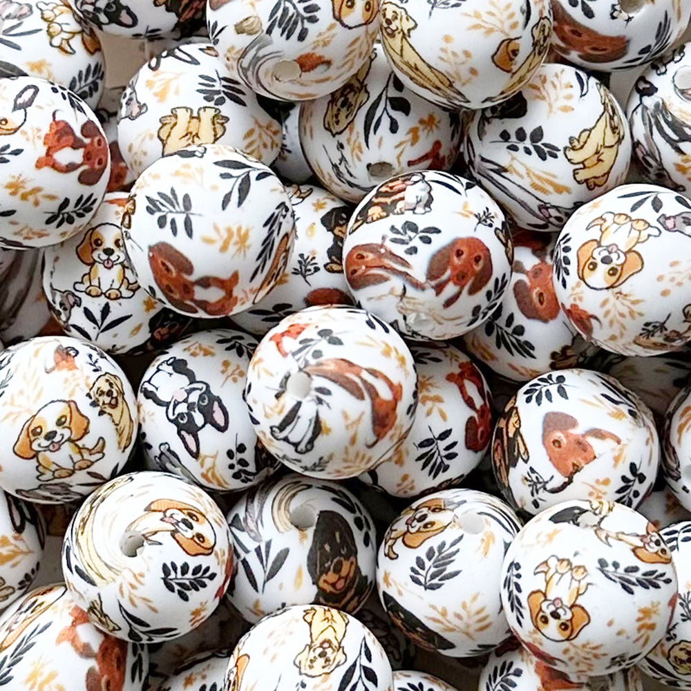 15mm Dog Print Round Silicone Beads