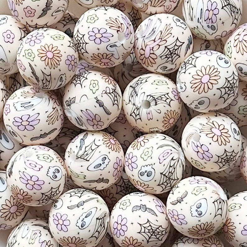 15mm Floral Halloween Print Round Silicone Beads