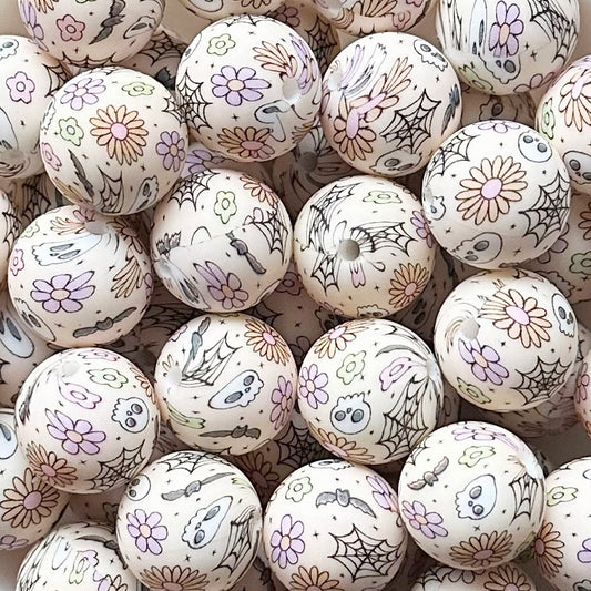 15mm Floral Halloween Print Round Silicone Beads