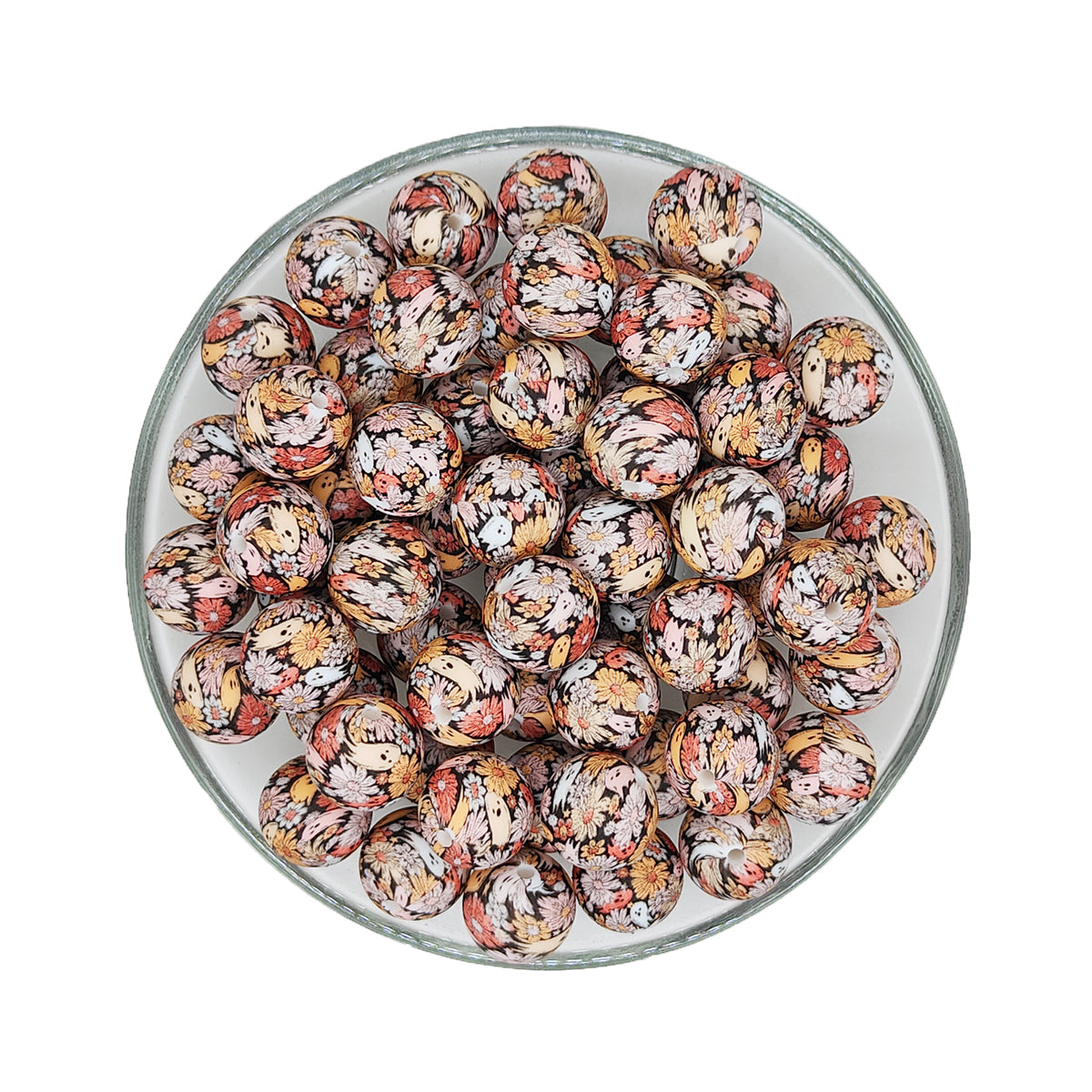 15mm Ghost Floral Print Round Silicone Bead
