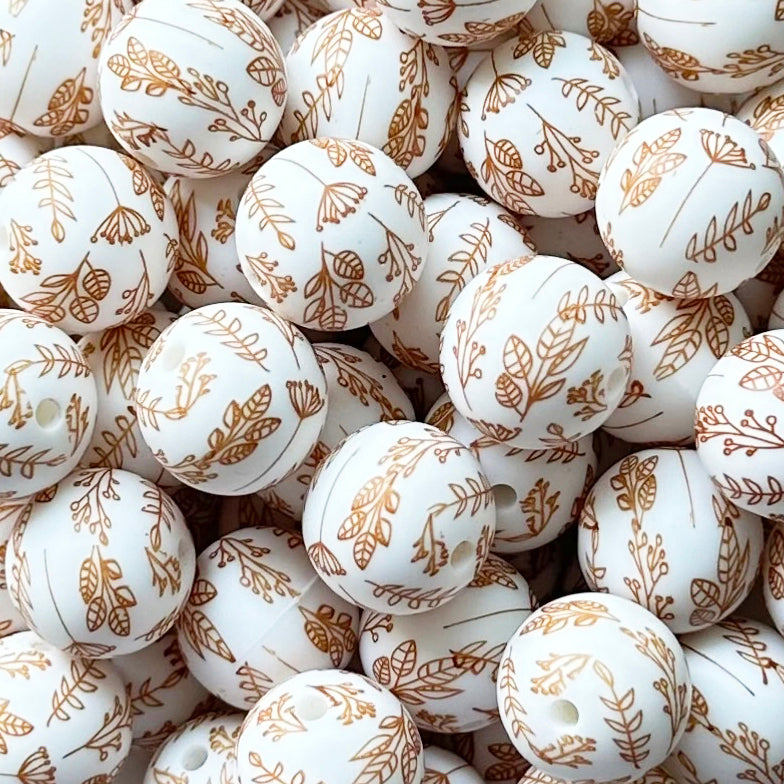 15mm Golden Leaf Print Round Silicone Beads