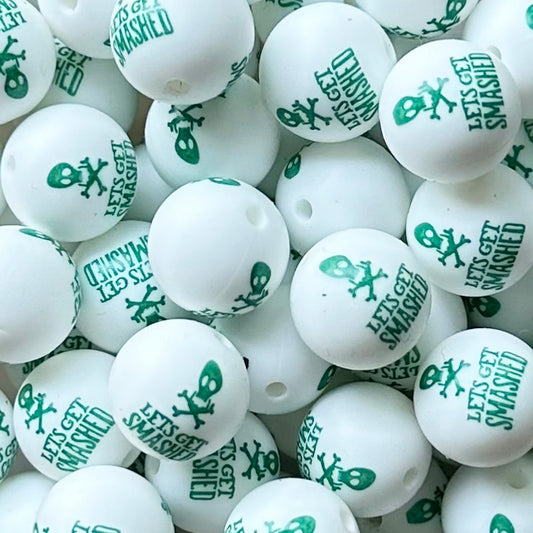 15mm Green Skull Print Round Silicone Beads