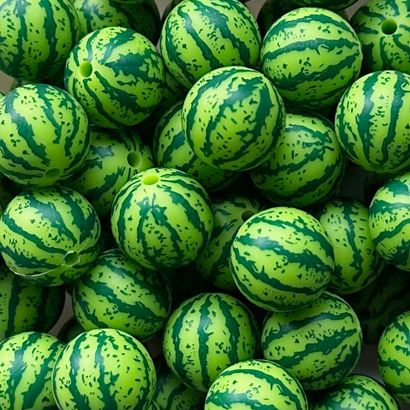 15mm Green Watermelon Print Round Silicone Beads