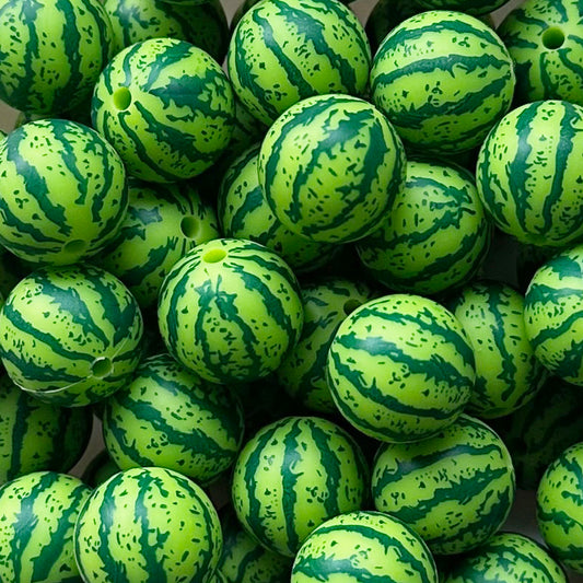 15mm Green Watermelon Print Round Silicone Beads