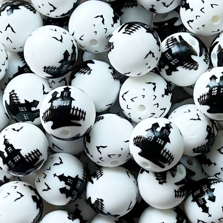 15mm Haunted House Print Round Silicone Beads