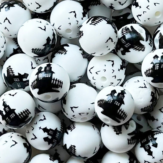 15mm Haunted House Print Round Silicone Beads
