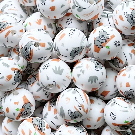 15mm Koala Print Round Silicone Beads