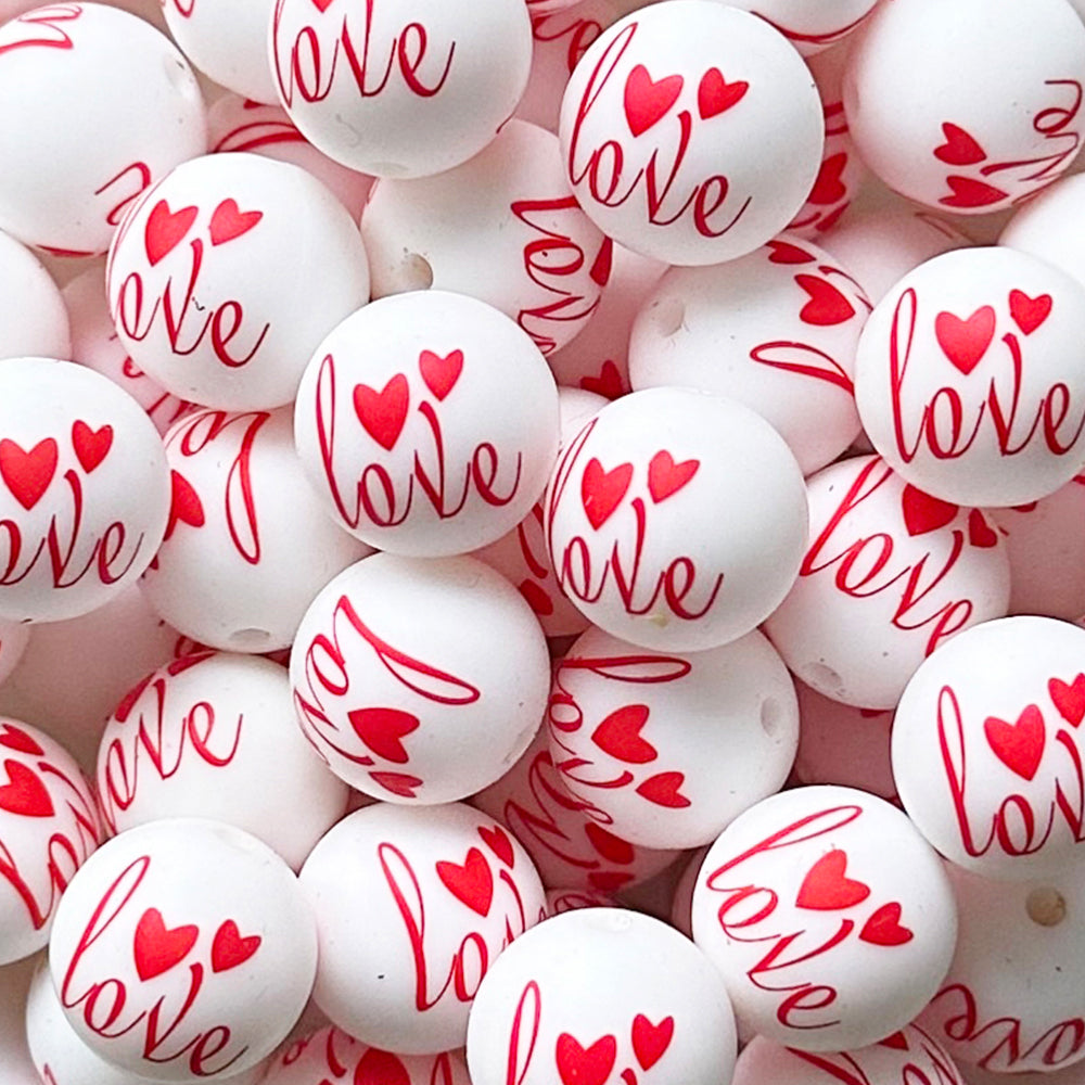 15mm LOVE Print Round Silicone Beads