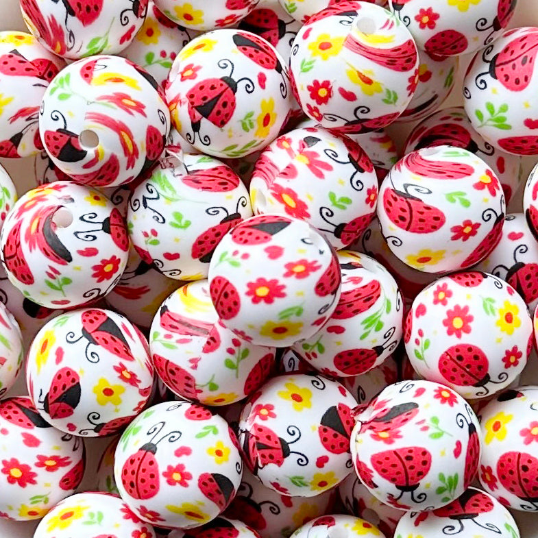 15mm Ladybird Flower Print Round Silicone Beads