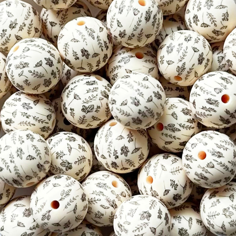 15mm Leaf Cream Print Round Silicone Beads