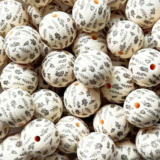 15mm Leaf Cream Print Round Silicone Beads