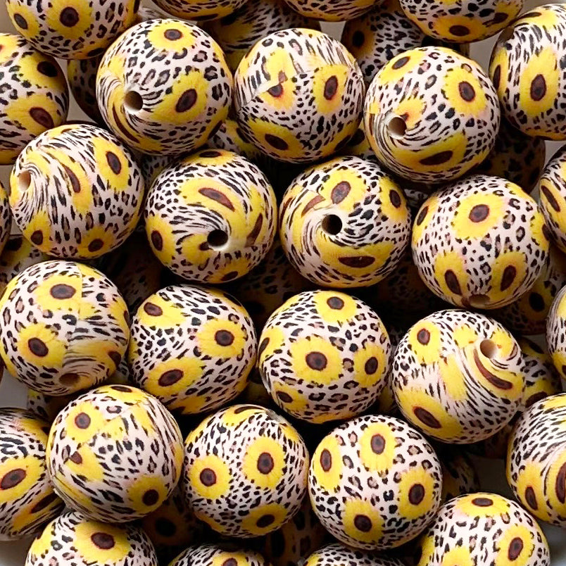 15mm Leopard Sunflower Print Round Silicone Beads