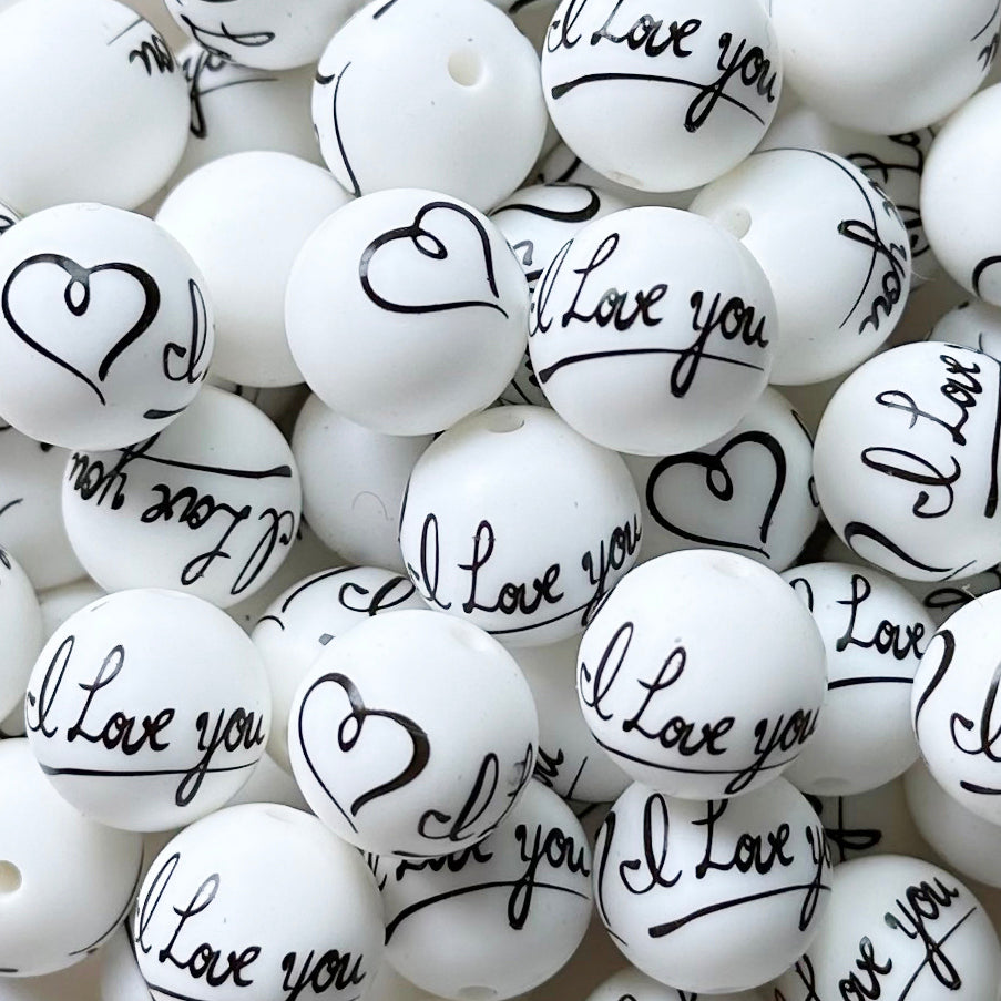 15mm Love You Print Round Silicone Beads
