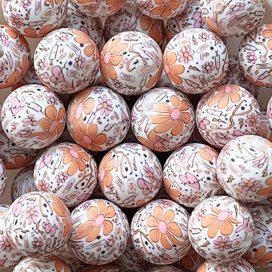 15mm Nurse Floral Print Round Silicone Beads