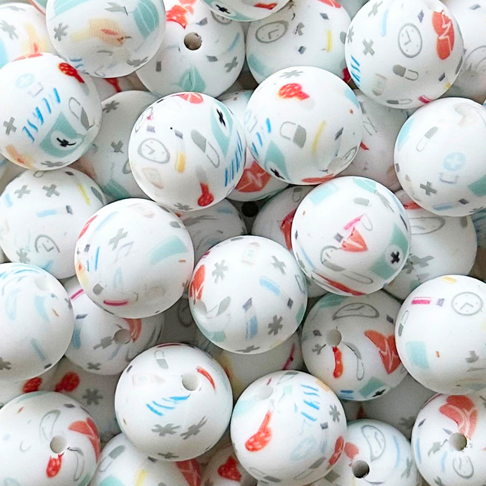 15mm Nurse Medical Print Round Silicone Beads