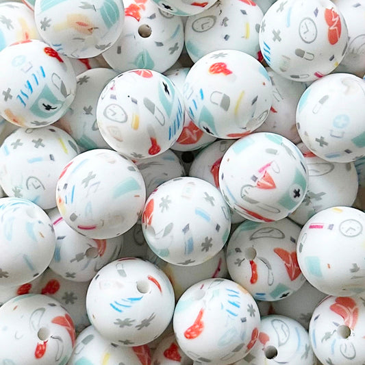15mm Nurse Medical Print Round Silicone Beads