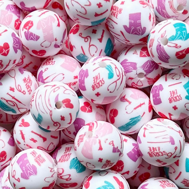 15mm Nurse Scrub Print Round Silicone Beads