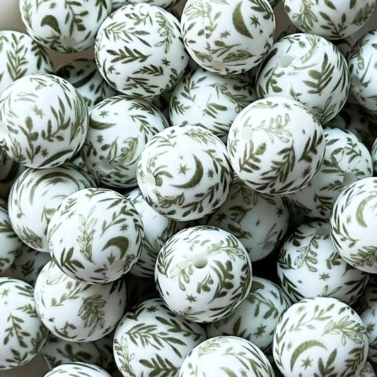 15mm Olive Leaf Moon Print Round Silicone Beads