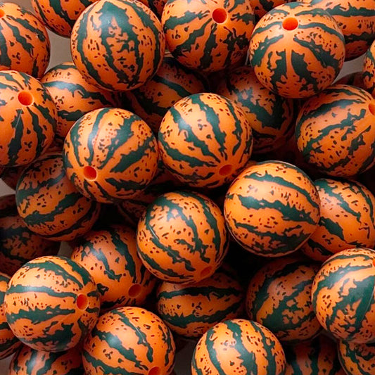 15mm Orange Watermelon Print Round Silicone Beads