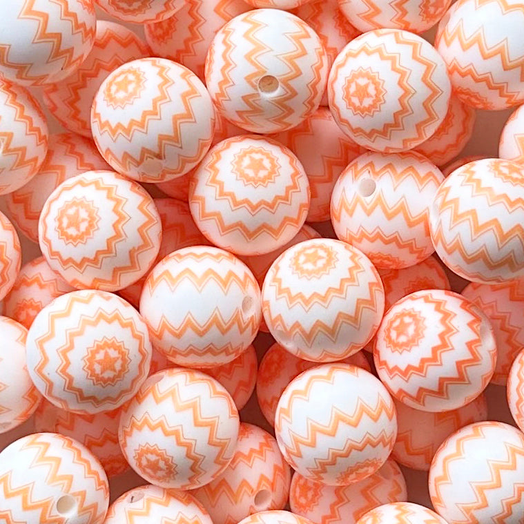 15mm Orange Wavy Print Round Silicone Beads