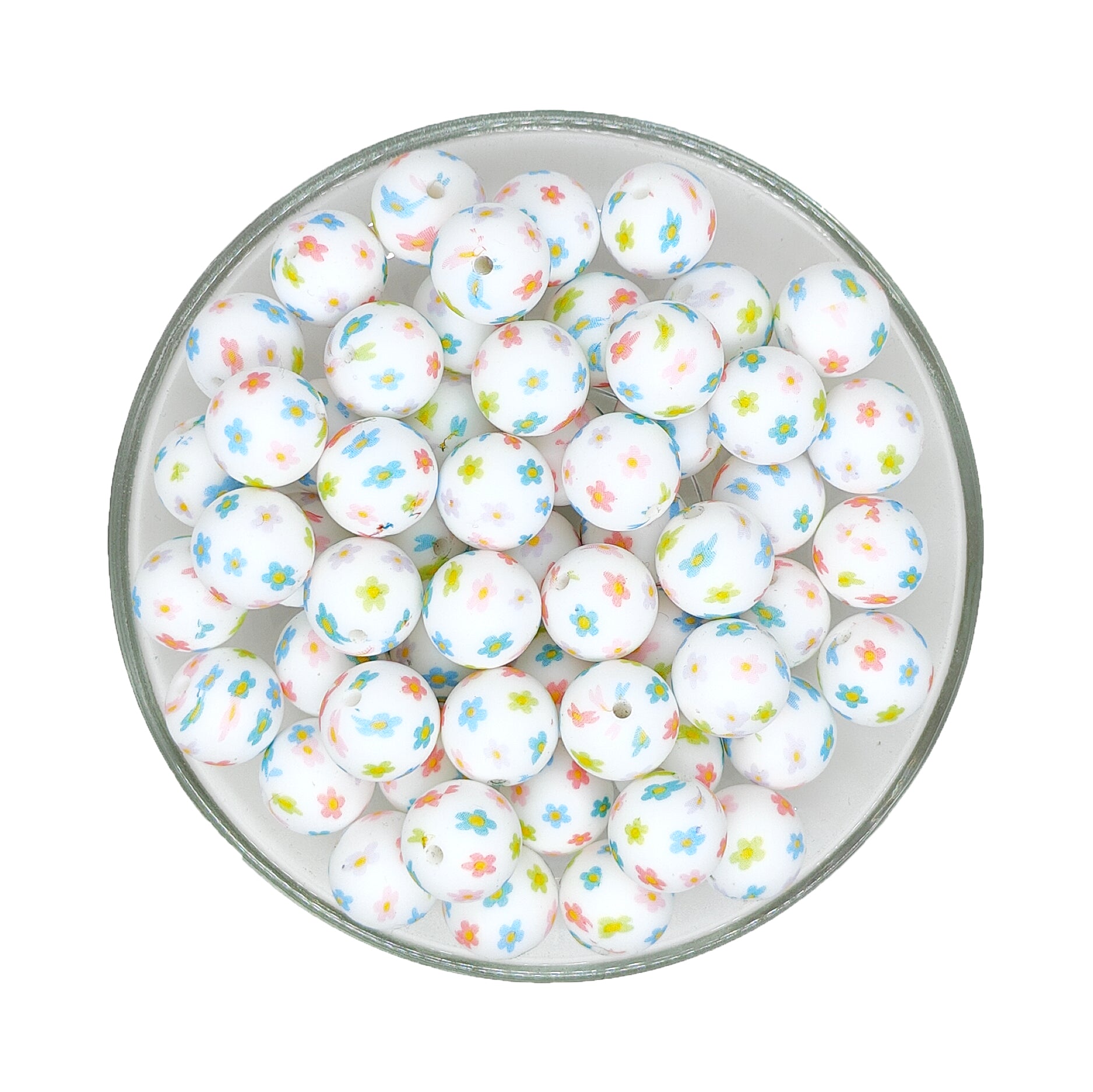 15mm Pastel Flower Print Round Silicone Beads