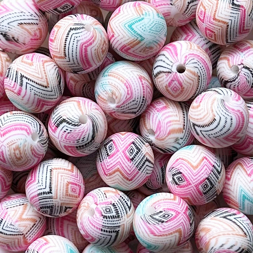 15mm Pink Aztec Print Round Silicone Beads