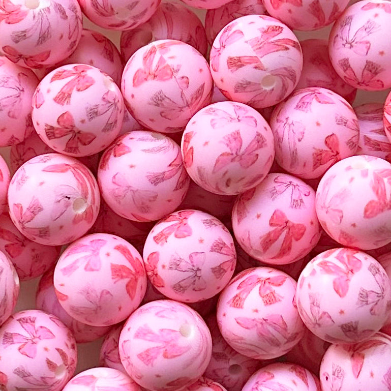 15mm Pink Bowknot Print Round Silicone Beads