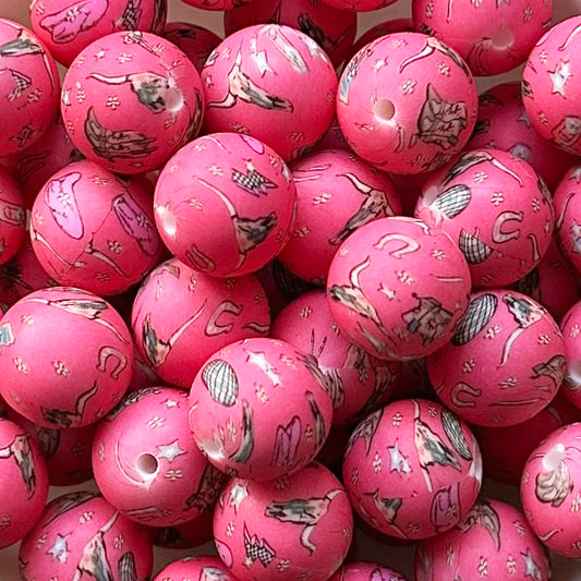 15mm Pink Cow Skull Print Round Silicone Beads
