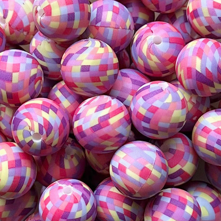 15mm Pink Disco Print Round Silicone Beads