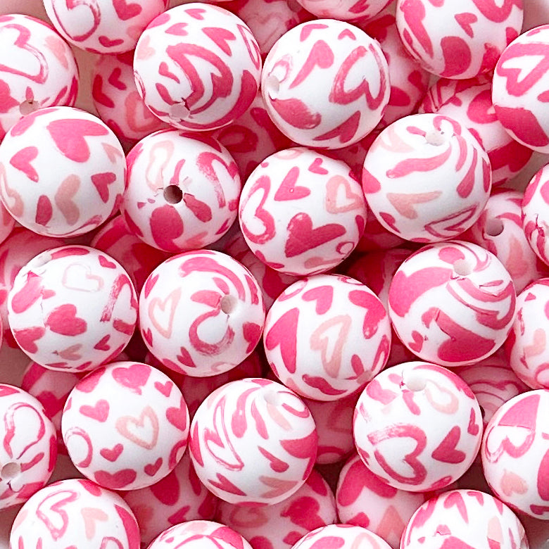 15mm Pink Love Print Round Silicone Beads