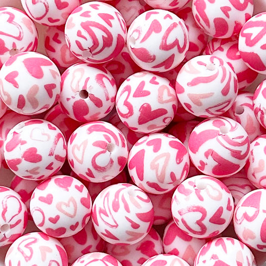 15mm Pink Love Print Round Silicone Beads